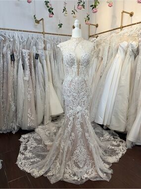 Handcrafted Lace Mermaid Wedding Gown in Ivory Blush